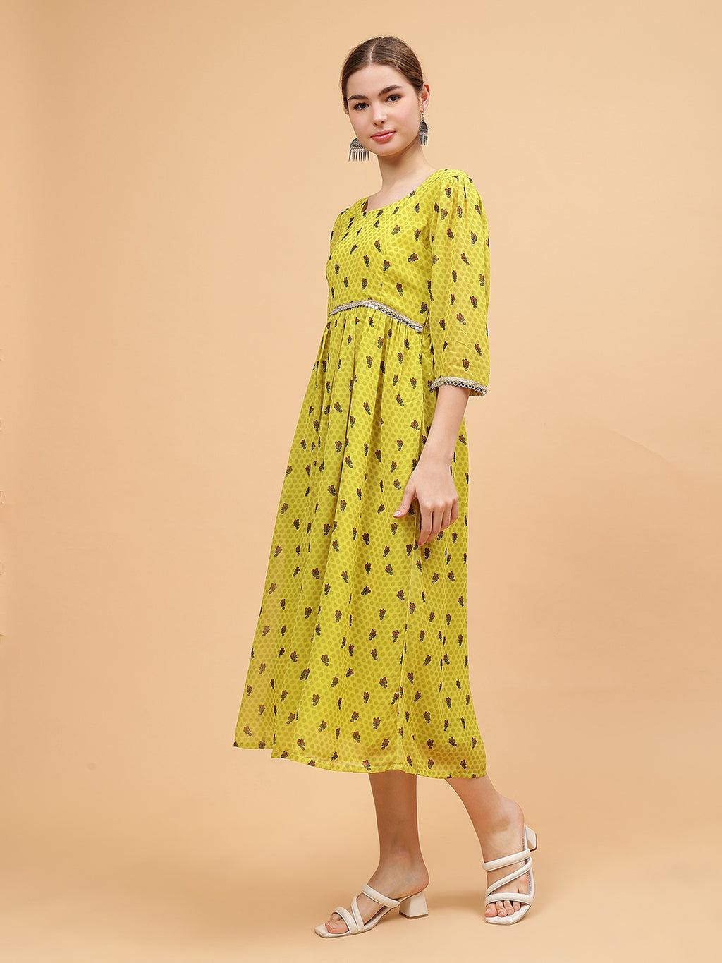 Frolic Rolic Lime Green Floral Print Round Neck Mirror Lace Embellish Gatthered Georgette Maxi Dress