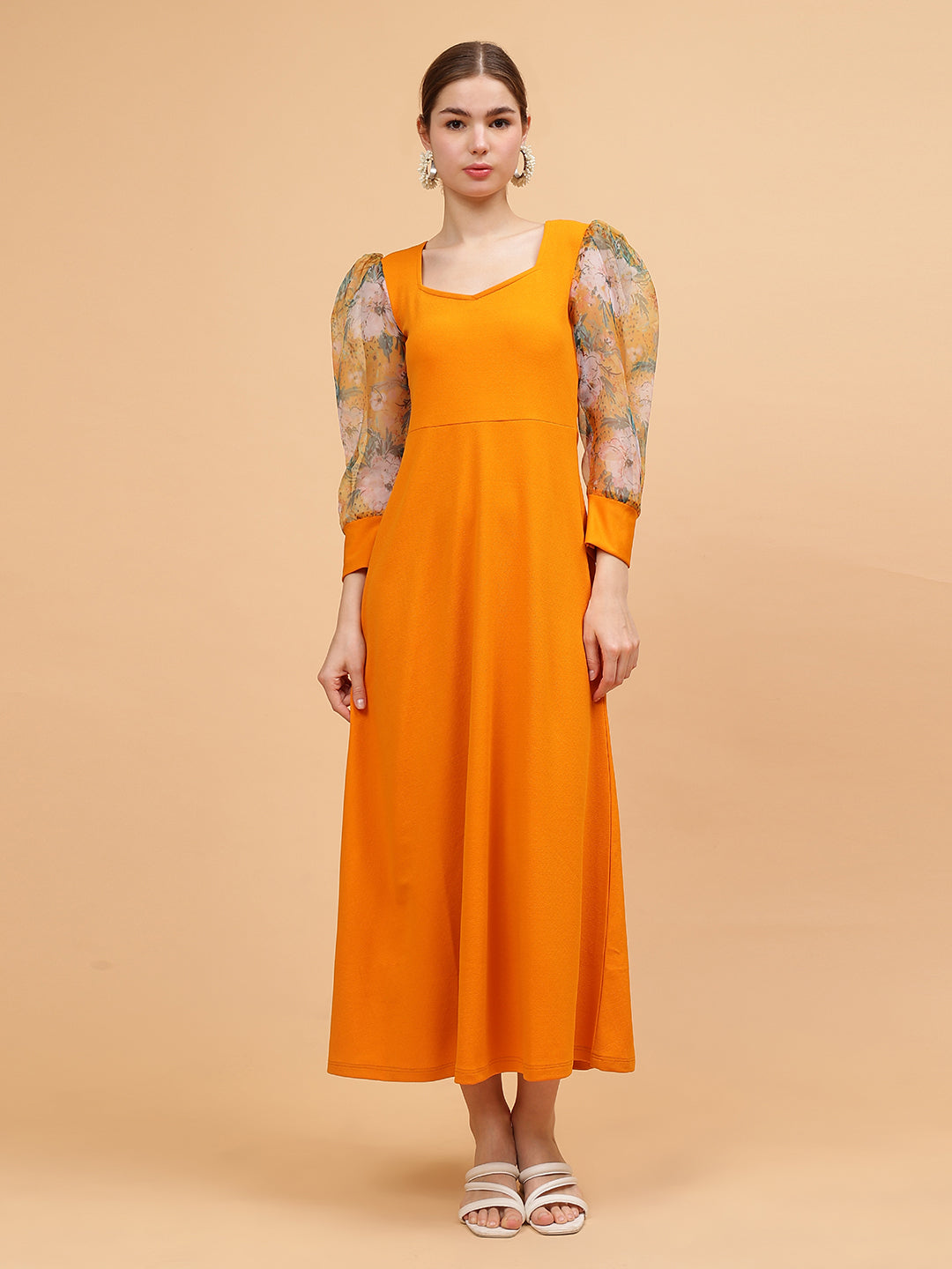 Frolic Rolic Mustard Yellow Sweetheart Neck Organza Printed Full Sleeve Knitted Polyester Maxi Dress