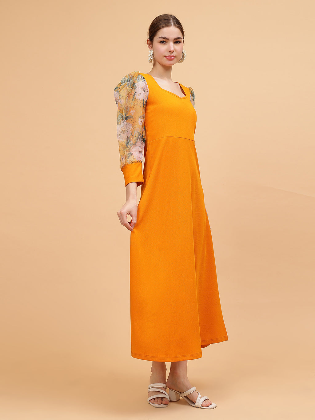 Frolic Rolic Mustard Yellow Sweetheart Neck Organza Printed Full Sleeve Knitted Polyester Maxi Dress