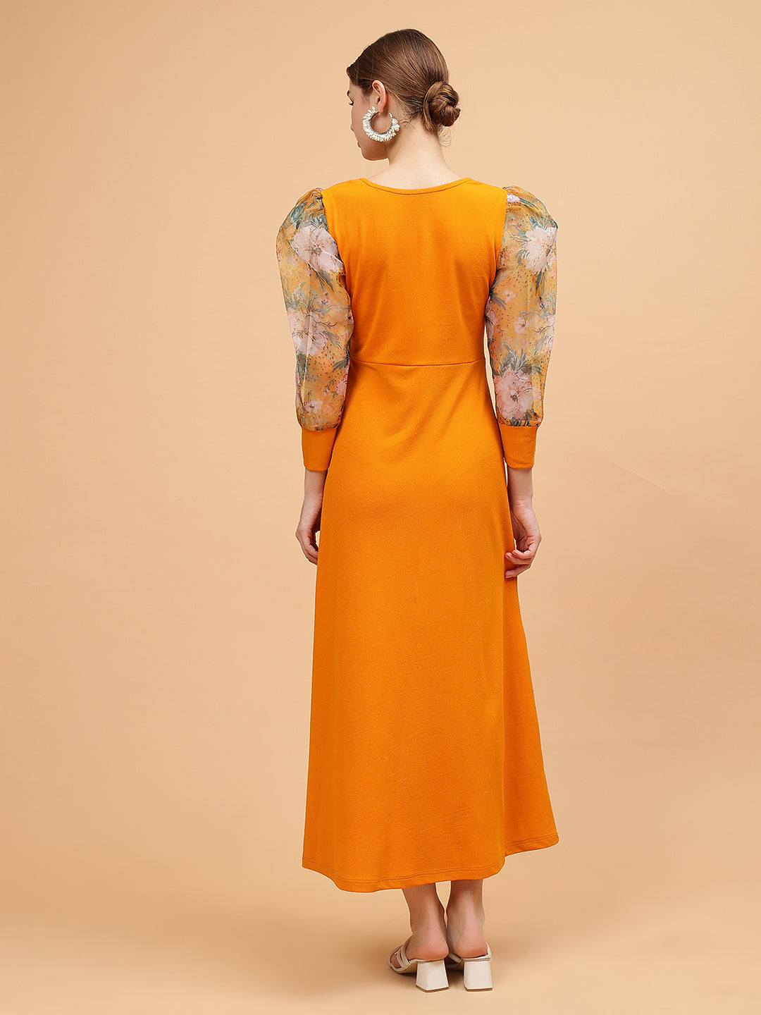 Frolic Rolic Mustard Yellow Sweetheart Neck Organza Printed Full Sleeve Knitted Polyester Maxi Dress