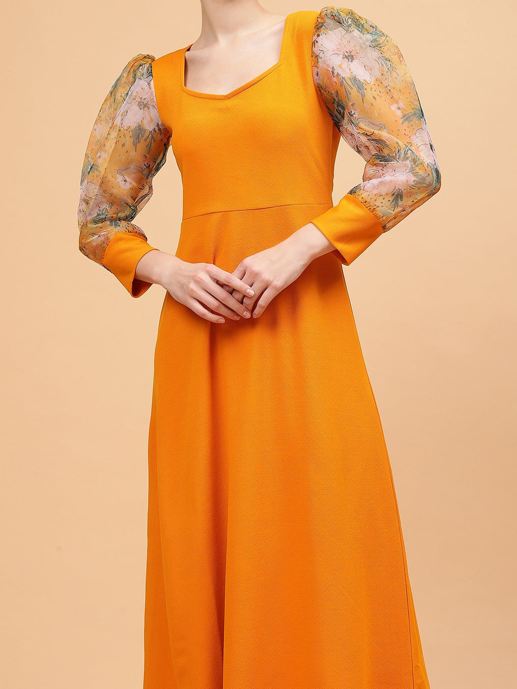 Frolic Rolic Mustard Yellow Sweetheart Neck Organza Printed Full Sleeve Knitted Polyester Maxi Dress