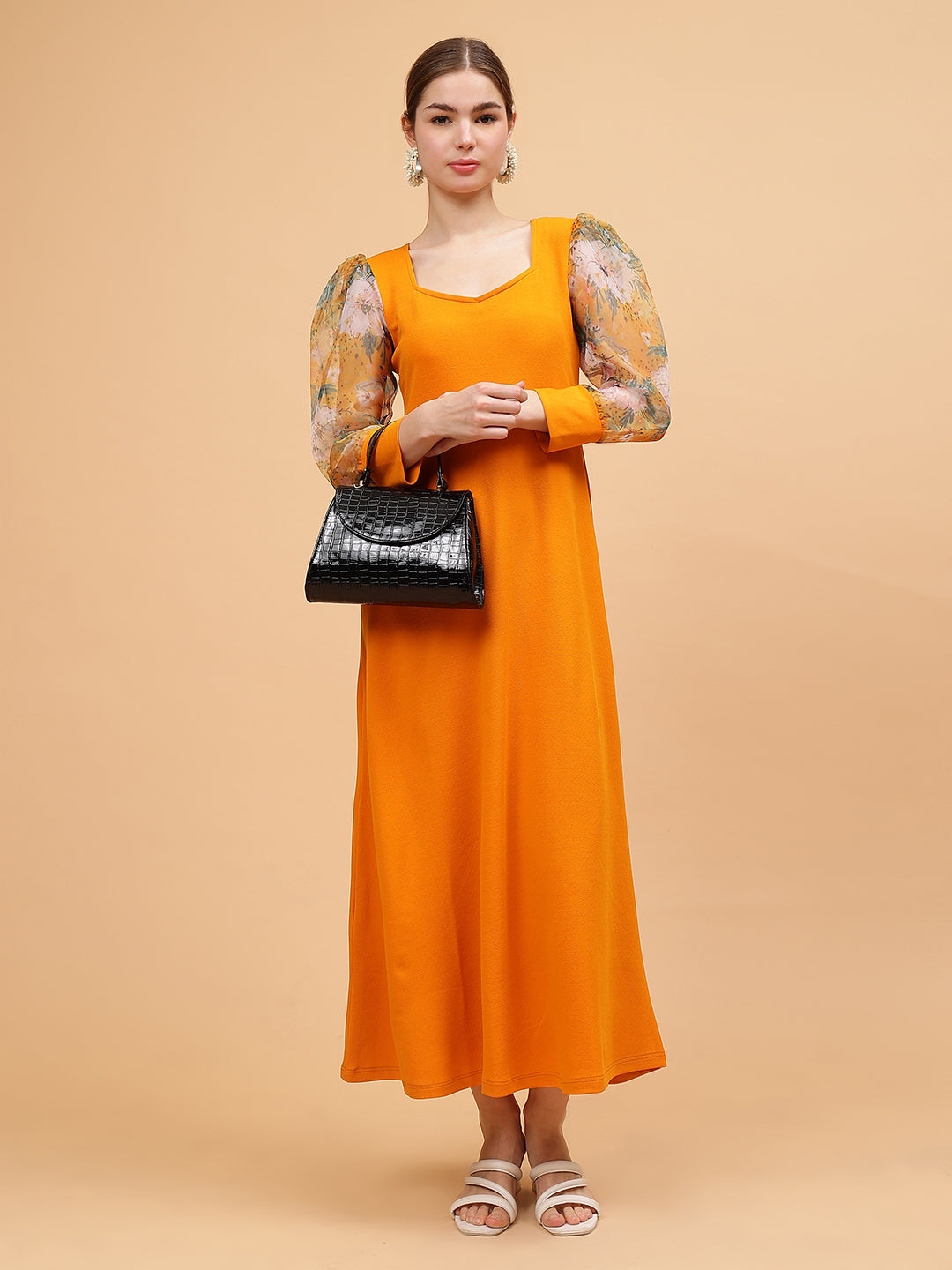 Frolic Rolic Mustard Yellow Sweetheart Neck Organza Printed Full Sleeve Knitted Polyester Maxi Dress