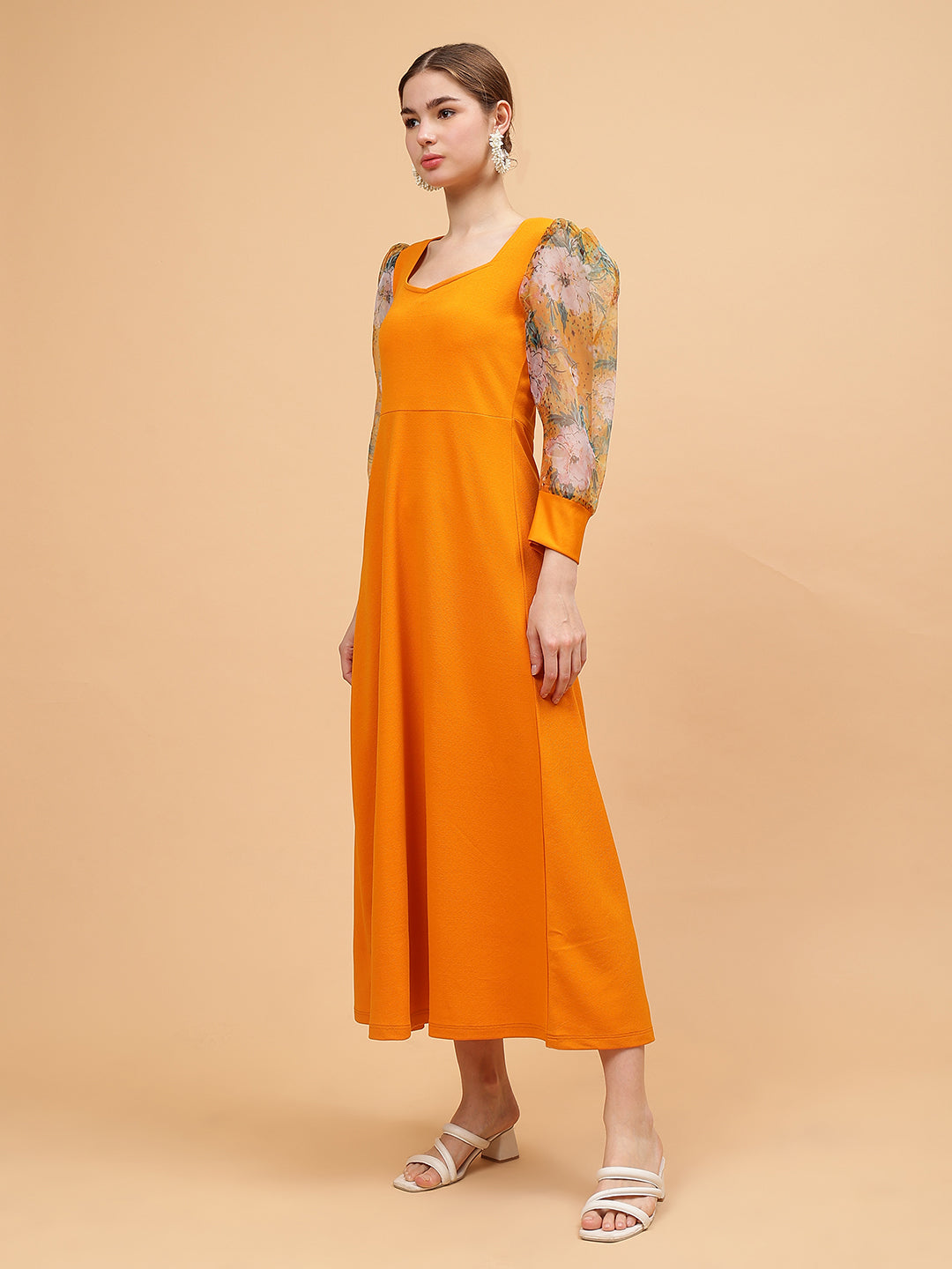Frolic Rolic Mustard Yellow Sweetheart Neck Organza Printed Full Sleeve Knitted Polyester Maxi Dress