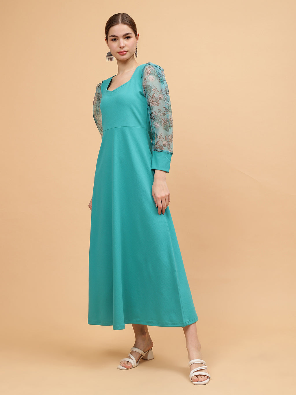 Frolic Rolic Turquoise Blue Sweetheart Neck Organza Printed Full Sleeve Knitted Polyester Maxi Dress