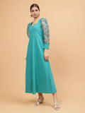 Frolic Rolic Turquoise Blue Sweetheart Neck Organza Printed Full Sleeve Knitted Polyester Maxi Dress