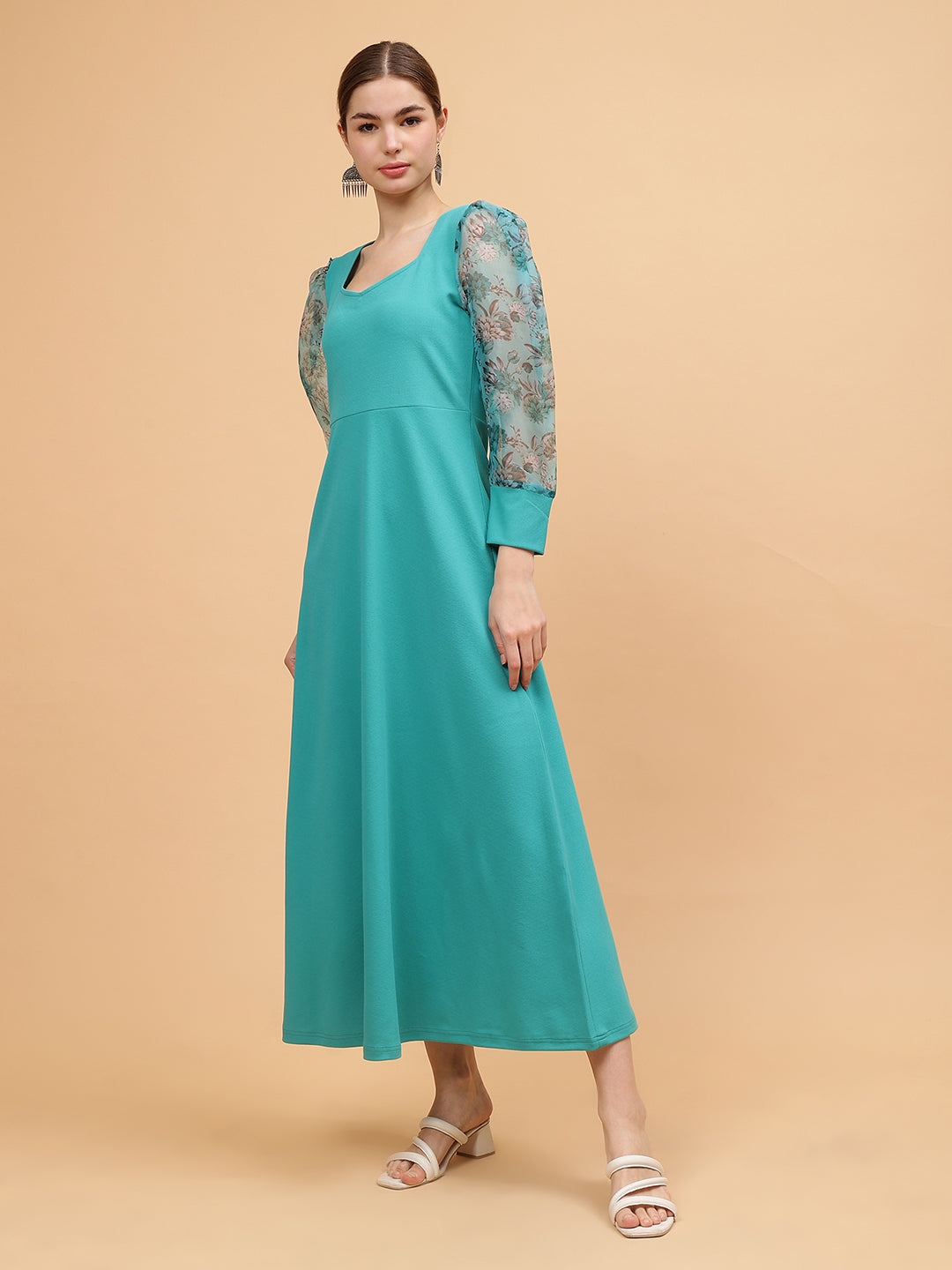 Frolic Rolic Turquoise Blue Sweetheart Neck Organza Printed Full Sleeve Knitted Polyester Maxi Dress