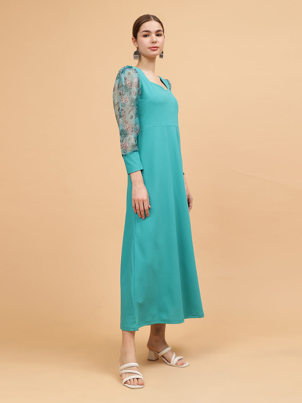Frolic Rolic Turquoise Blue Sweetheart Neck Organza Printed Full Sleeve Knitted Polyester Maxi Dress