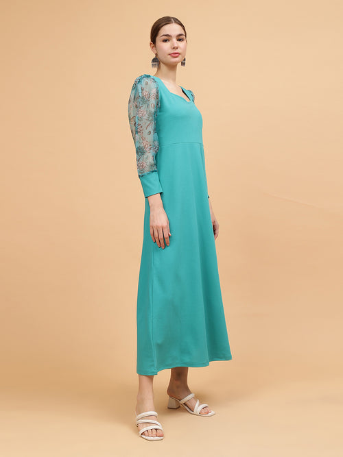 Frolic Rolic Turquoise Blue Sweetheart Neck Organza Printed Full Sleeve Knitted Polyester Maxi Dress