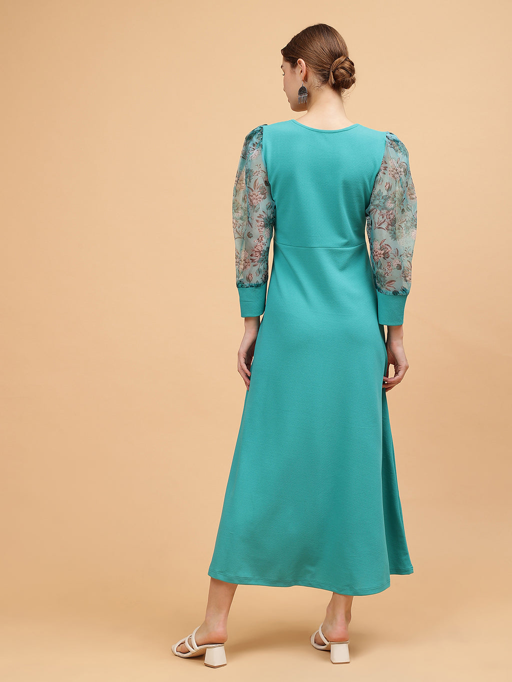 Frolic Rolic Turquoise Blue Sweetheart Neck Organza Printed Full Sleeve Knitted Polyester Maxi Dress