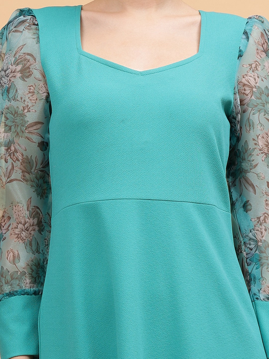 Frolic Rolic Turquoise Blue Sweetheart Neck Organza Printed Full Sleeve Knitted Polyester Maxi Dress