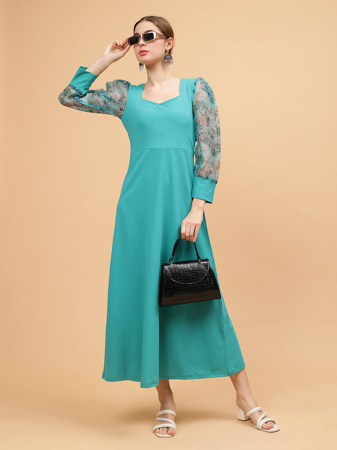 Frolic Rolic Turquoise Blue Sweetheart Neck Organza Printed Full Sleeve Knitted Polyester Maxi Dress