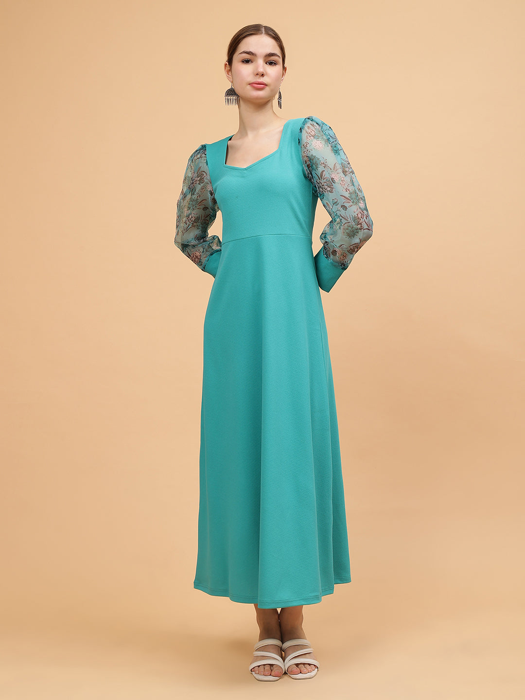 Frolic Rolic Turquoise Blue Sweetheart Neck Organza Printed Full Sleeve Knitted Polyester Maxi Dress