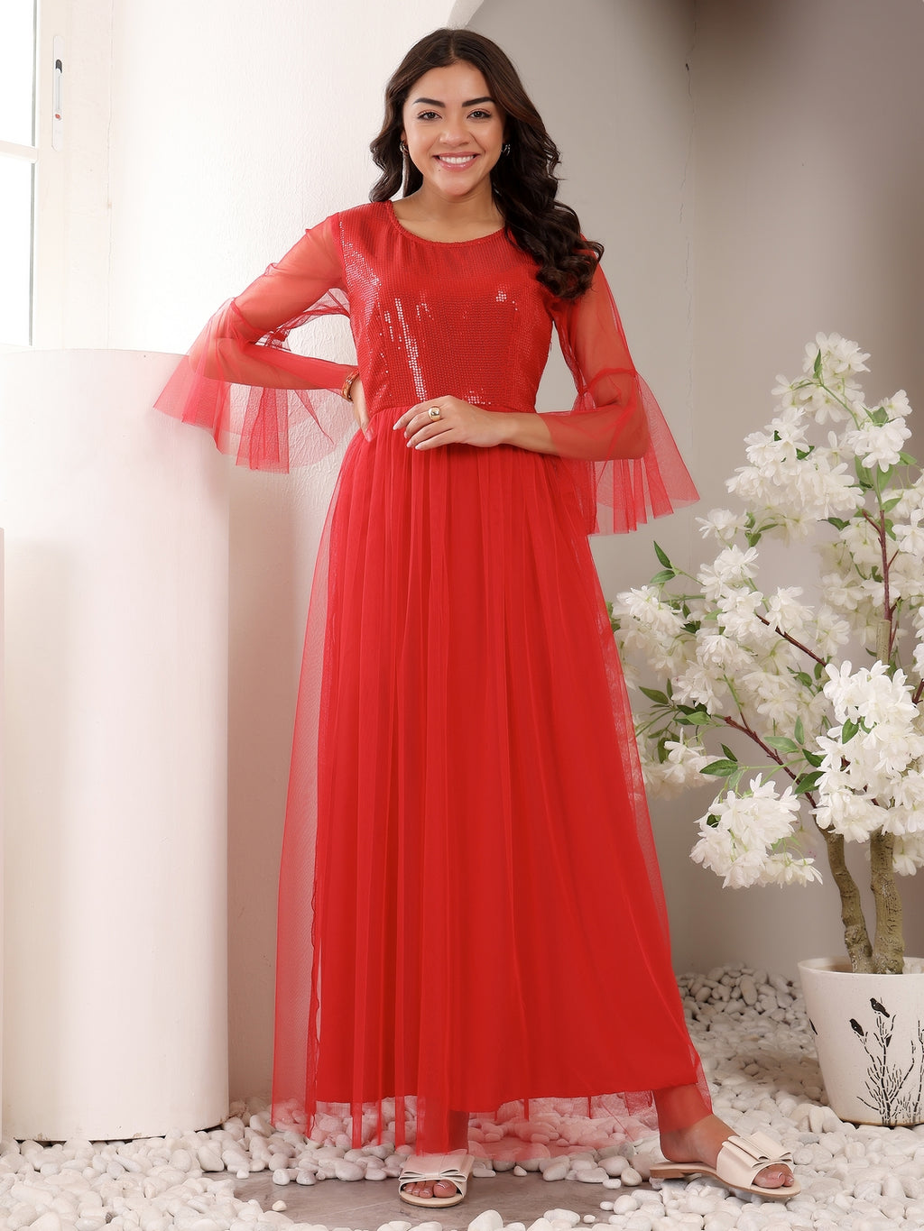 Frolic Rolic Red Embellished Round Neck Net Maxi Dress