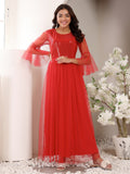 Frolic Rolic Red Embellished Round Neck Net Maxi Dress