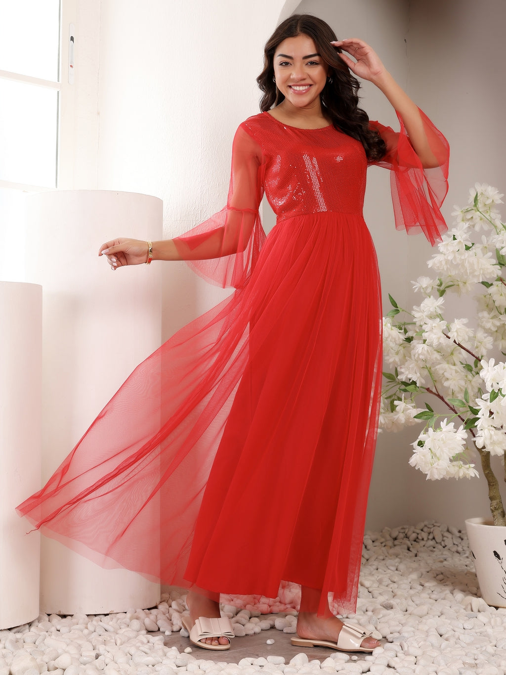 Frolic Rolic Red Embellished Round Neck Net Maxi Dress