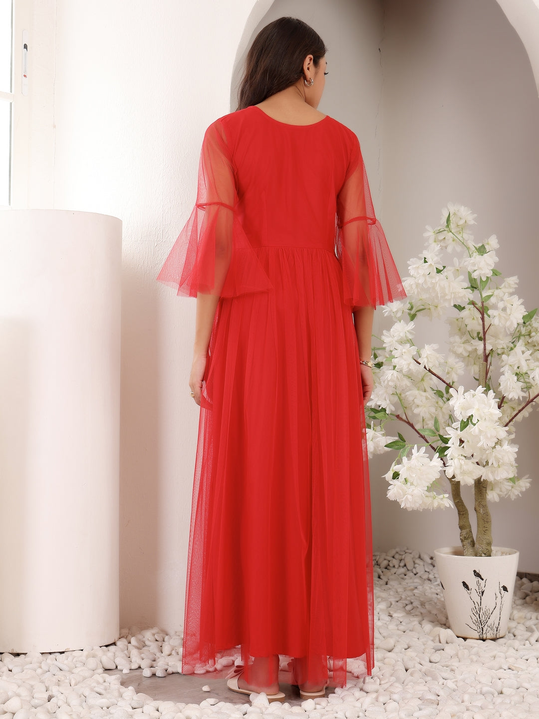 Frolic Rolic Red Embellished Round Neck Net Maxi Dress