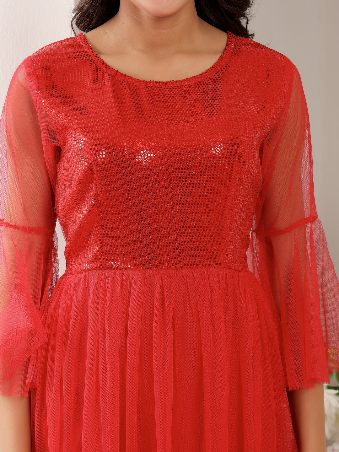 Frolic Rolic Red Embellished Round Neck Net Maxi Dress
