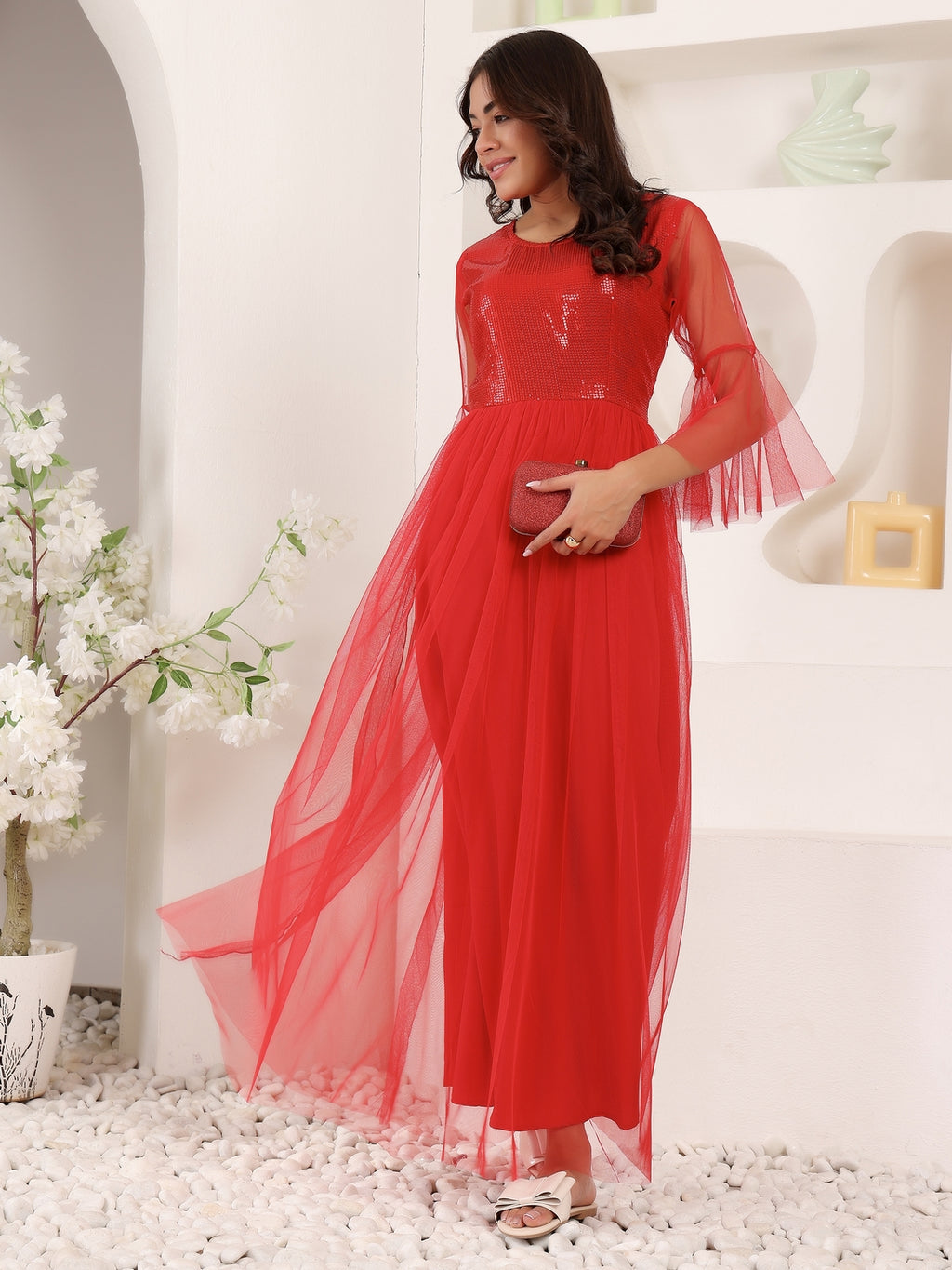 Frolic Rolic Red Embellished Round Neck Net Maxi Dress