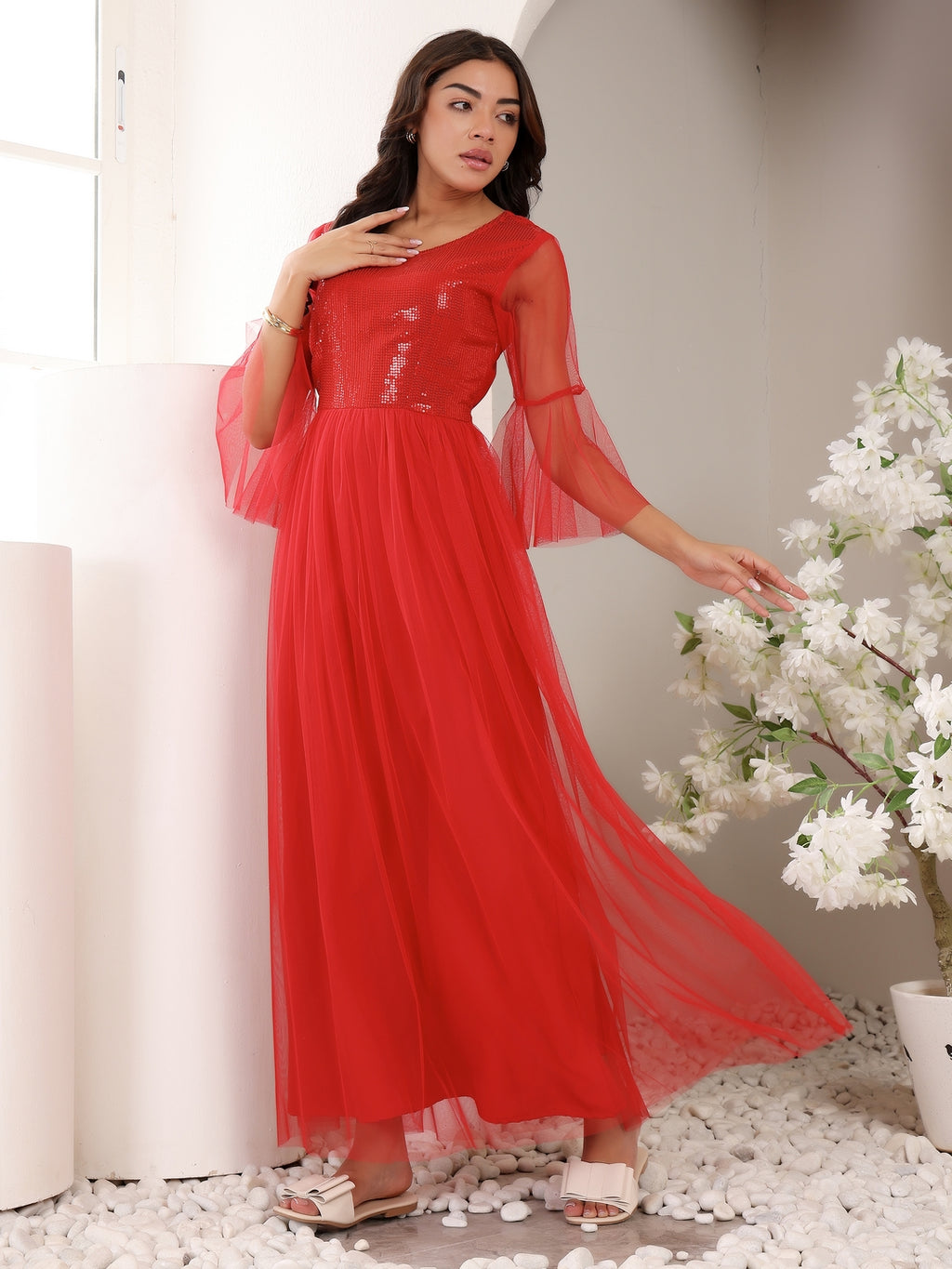 Frolic Rolic Red Embellished Round Neck Net Maxi Dress