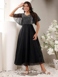 Frolic Rolic Black Sweetheart Neck Short Sleeves Embellished Net Maxi Dress