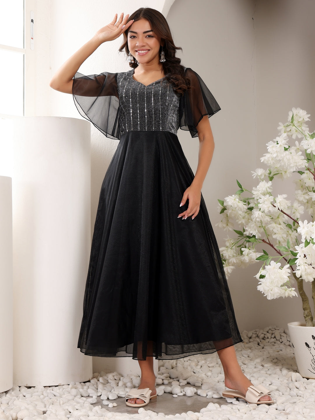 Frolic Rolic Black Sweetheart Neck Short Sleeves Embellished Net Maxi Dress