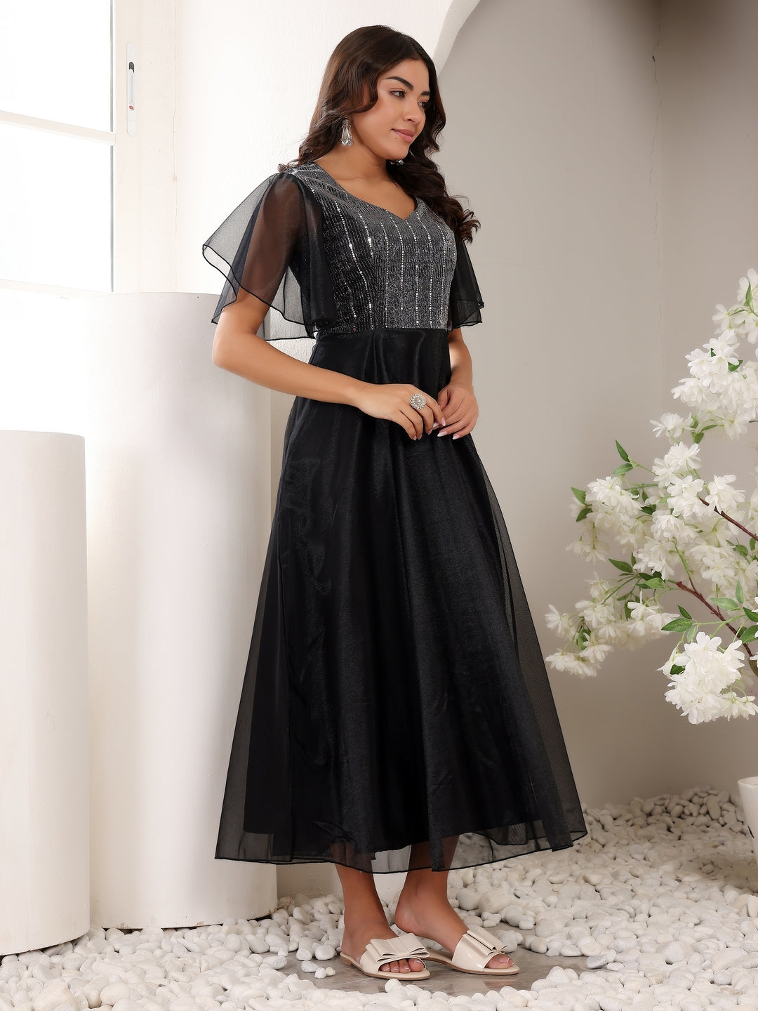 Frolic Rolic Black Sweetheart Neck Short Sleeves Embellished Net Maxi Dress
