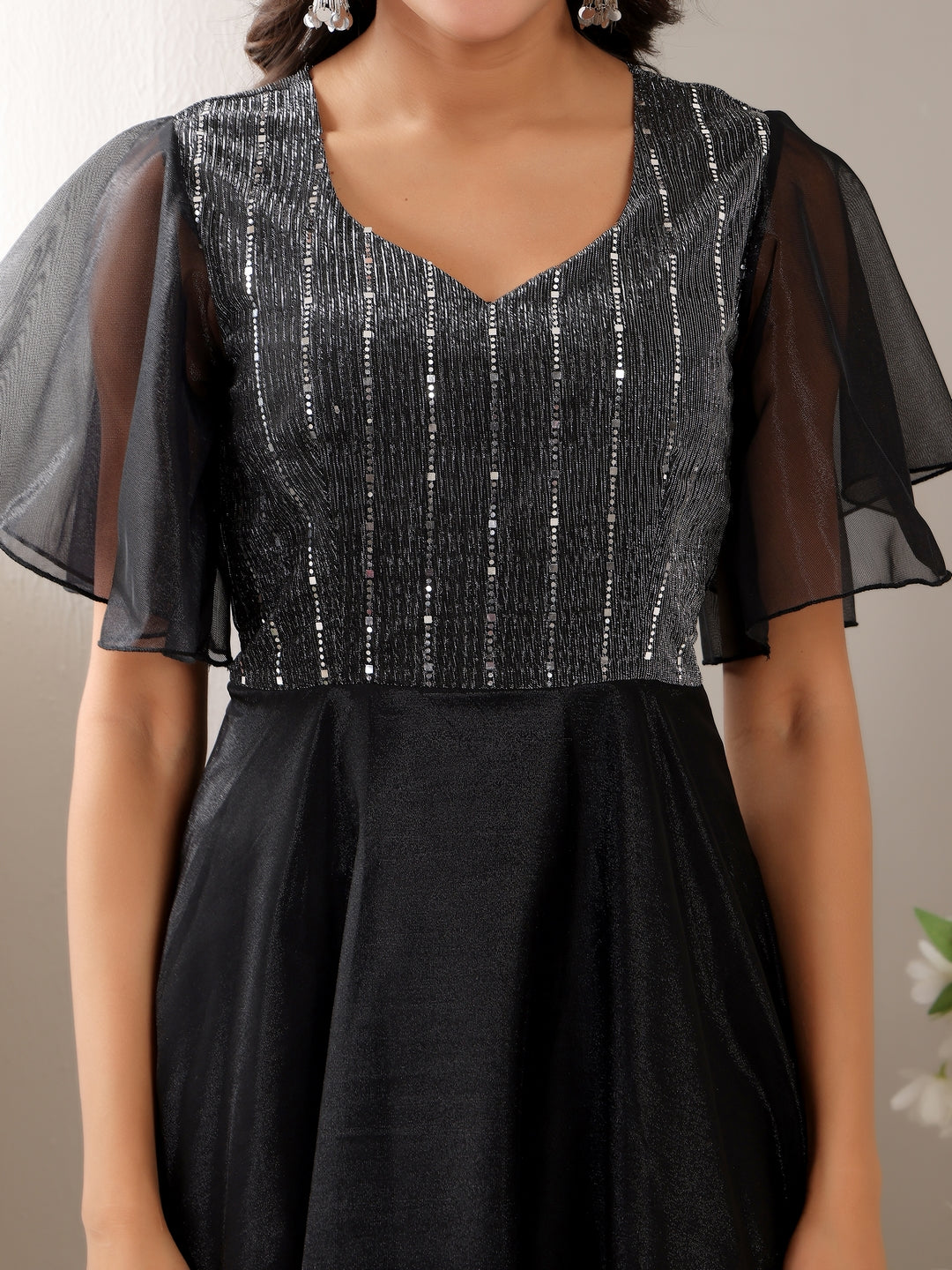 Frolic Rolic Black Sweetheart Neck Short Sleeves Embellished Net Maxi Dress