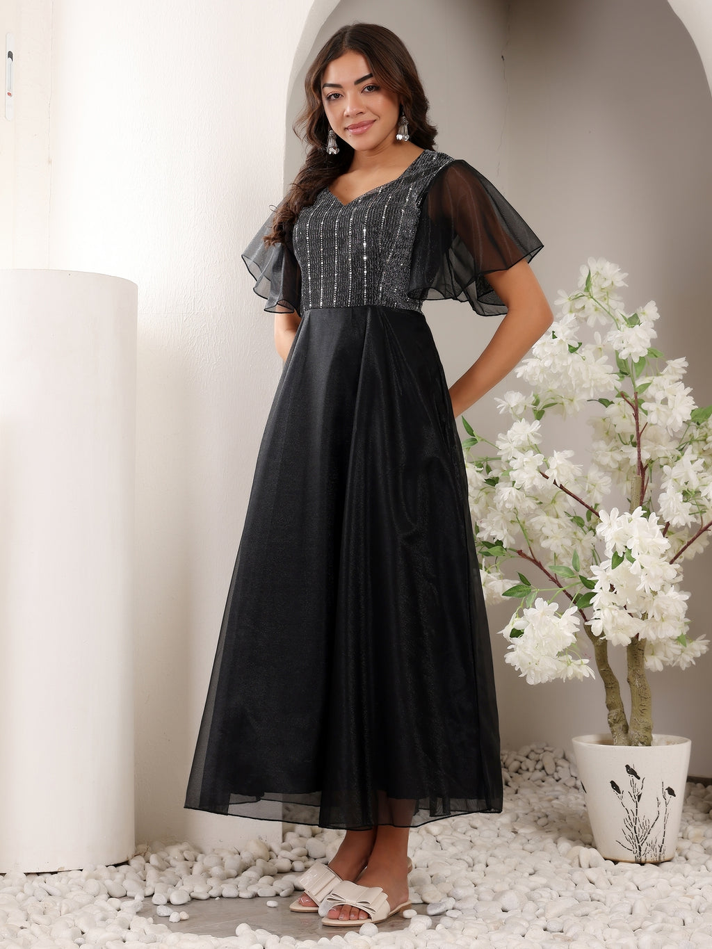Frolic Rolic Black Sweetheart Neck Short Sleeves Embellished Net Maxi Dress