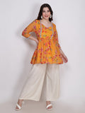 Frolic Rolic Yellow Floral Printed Georgette Mid-Thigh Length Kurta