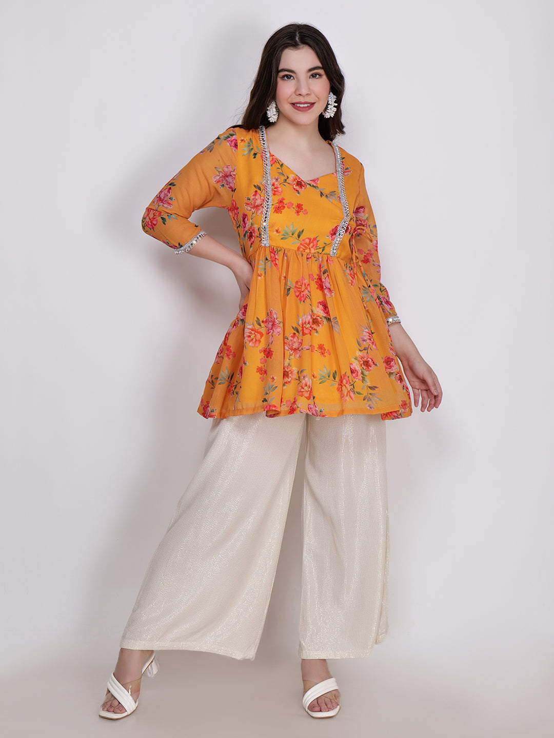 Frolic Rolic Yellow Floral Printed Georgette Mid-Thigh Length Kurta