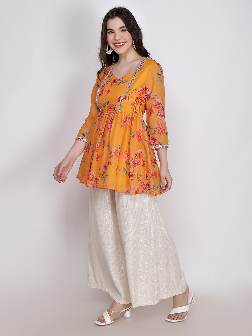 Frolic Rolic Yellow Floral Printed Georgette Mid-Thigh Length Kurta