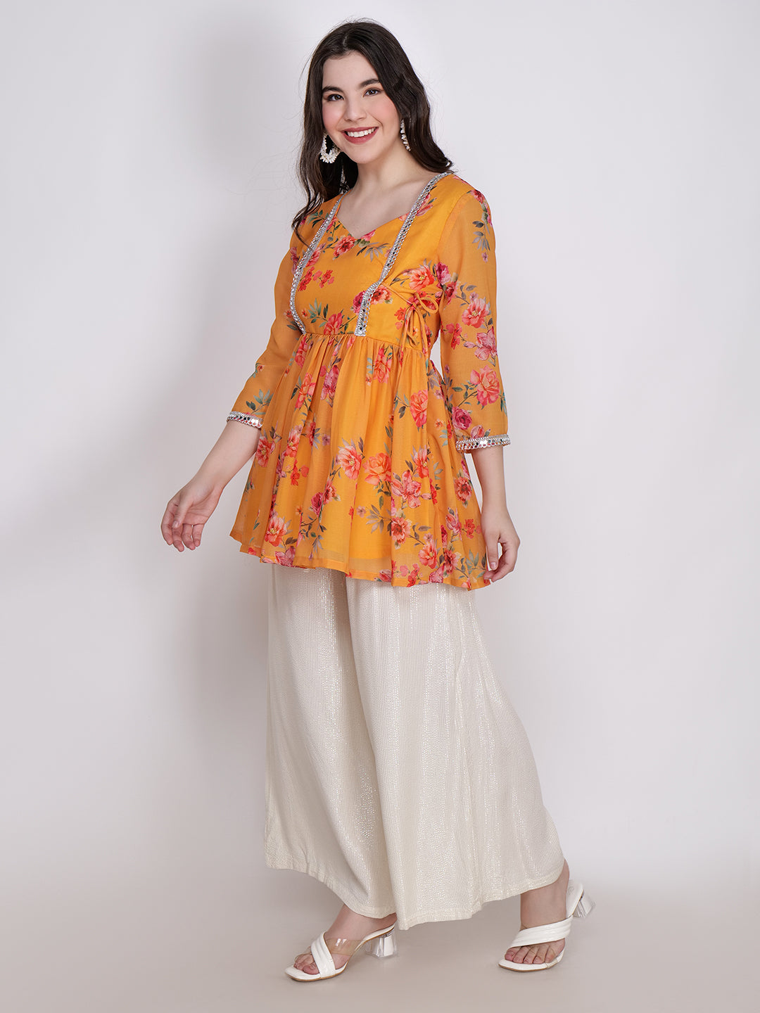 Frolic Rolic Yellow Floral Printed Georgette Mid-Thigh Length Kurta