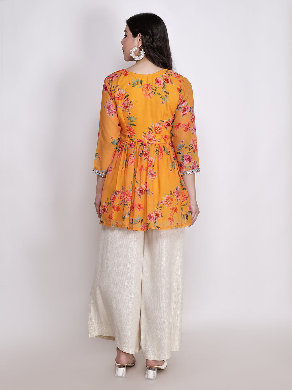 Frolic Rolic Yellow Floral Printed Georgette Mid-Thigh Length Kurta