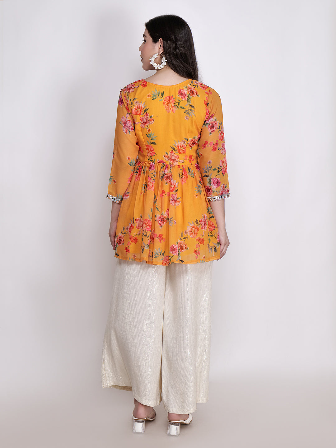 Frolic Rolic Yellow Floral Printed Georgette Mid-Thigh Length Kurta