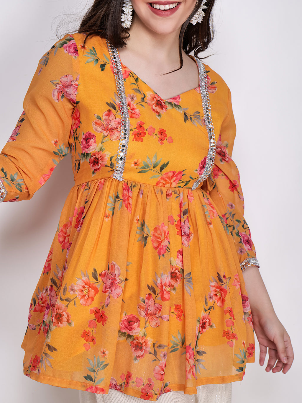 Frolic Rolic Yellow Floral Printed Georgette Mid-Thigh Length Kurta