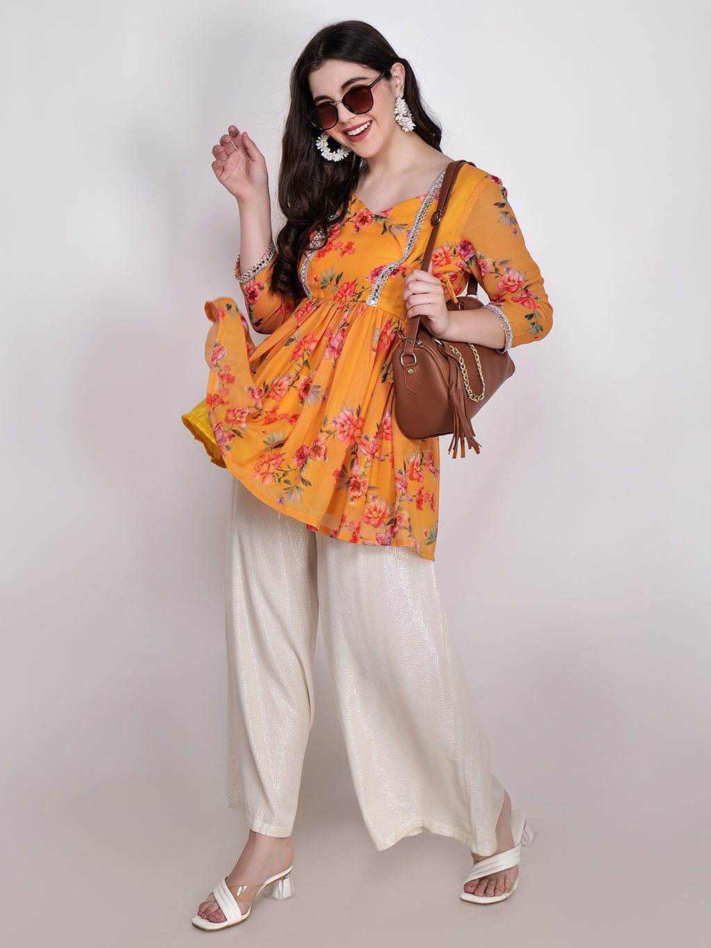 Frolic Rolic Yellow Floral Printed Georgette Mid-Thigh Length Kurta