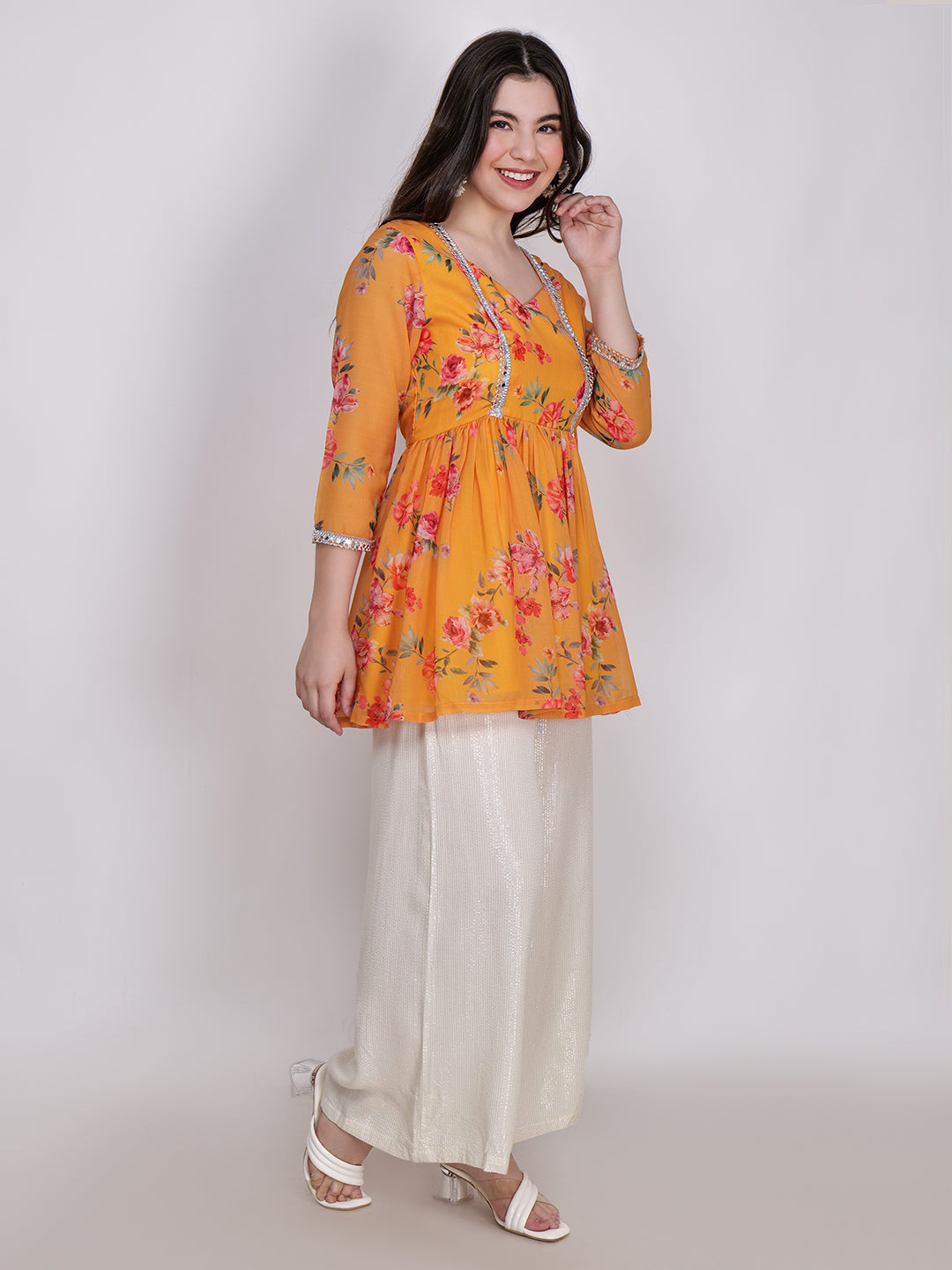 Frolic Rolic Yellow Floral Printed Georgette Mid-Thigh Length Kurta