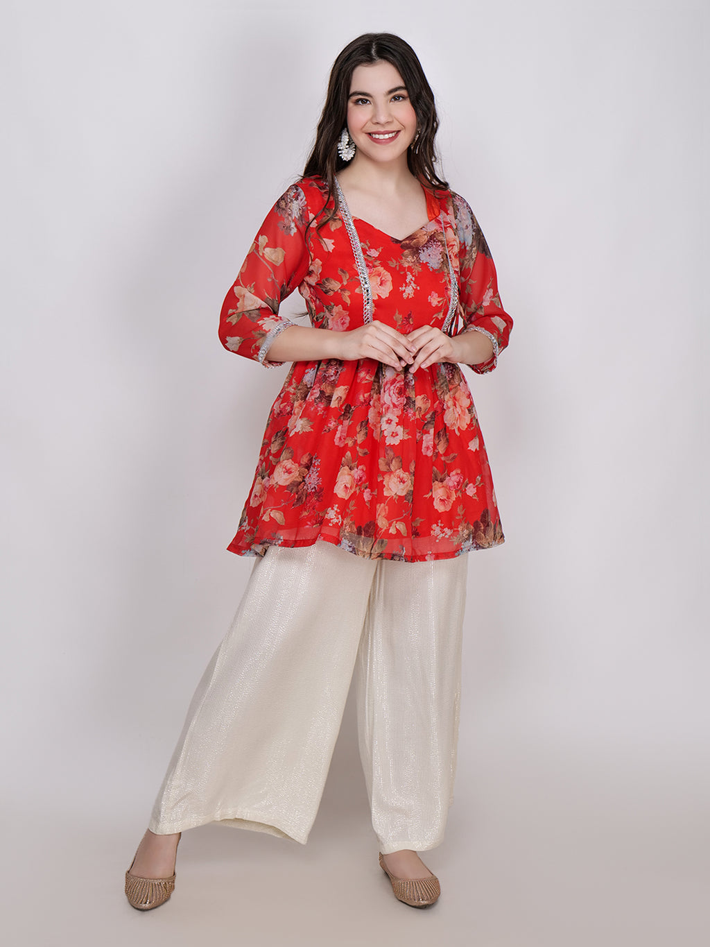 Frolic Rolic Red Floral Printed Georgette Mid-Thigh Length Kurta