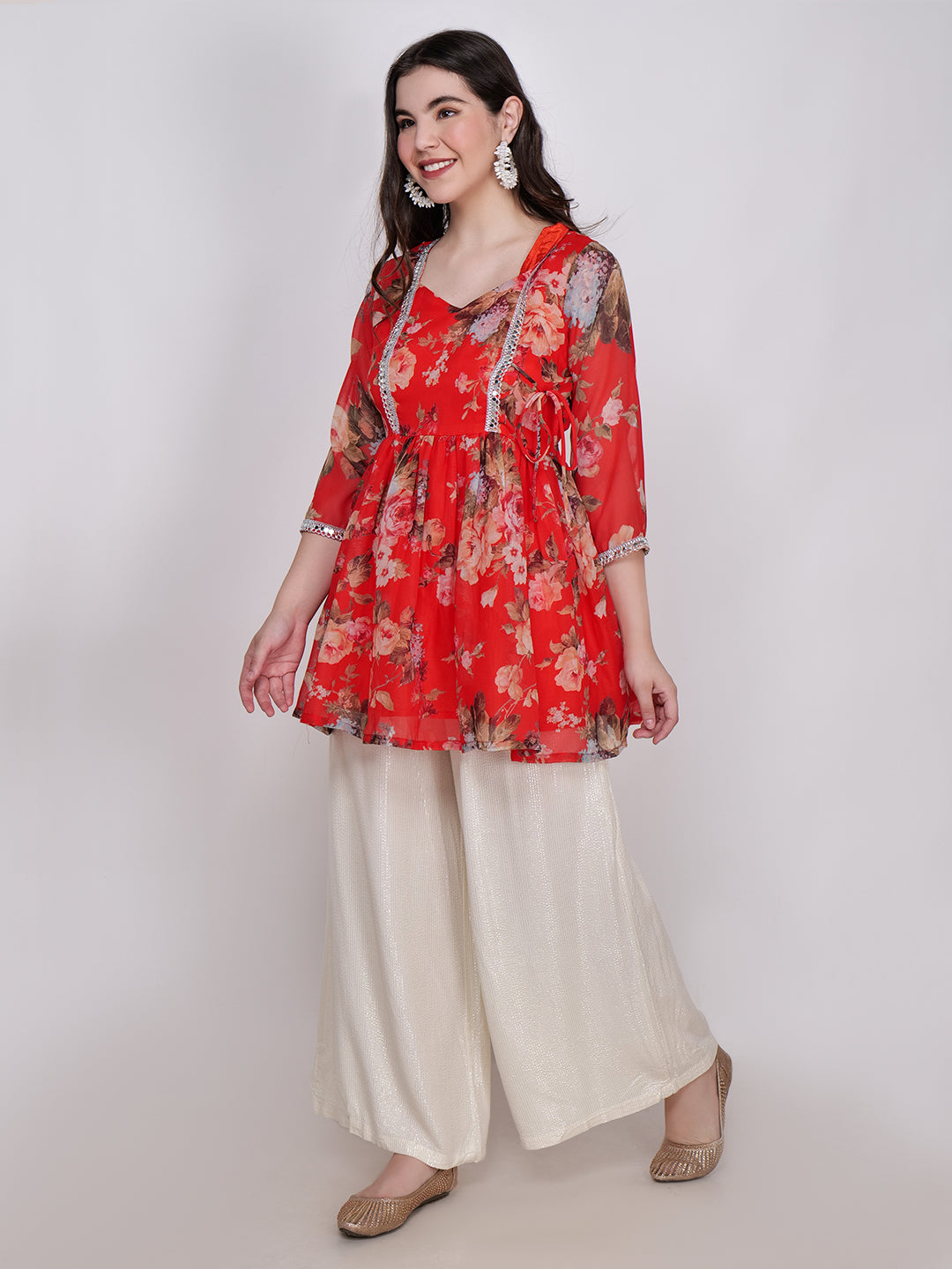 Frolic Rolic Red Floral Printed Georgette Mid-Thigh Length Kurta