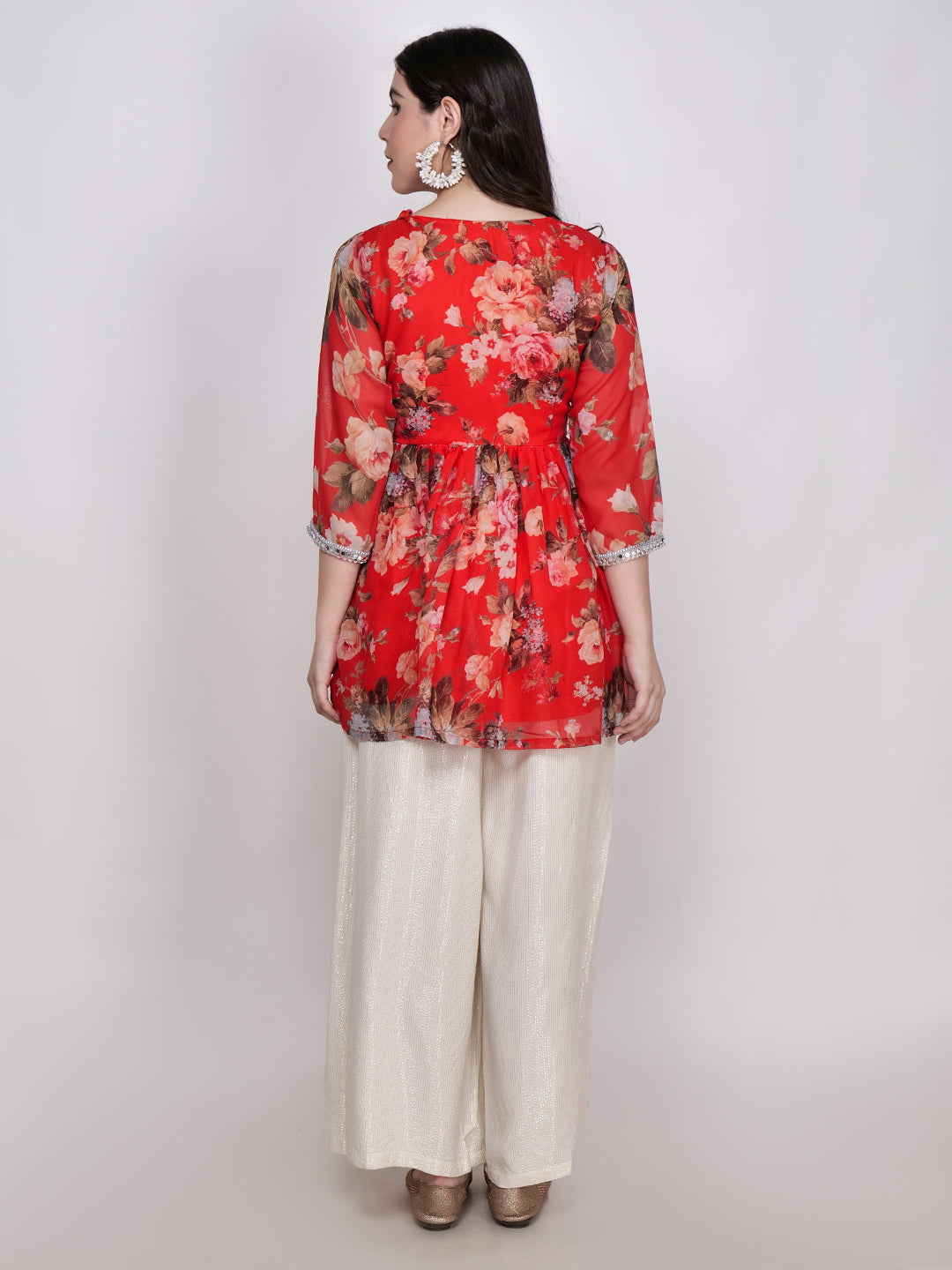 Frolic Rolic Red Floral Printed Georgette Mid-Thigh Length Kurta