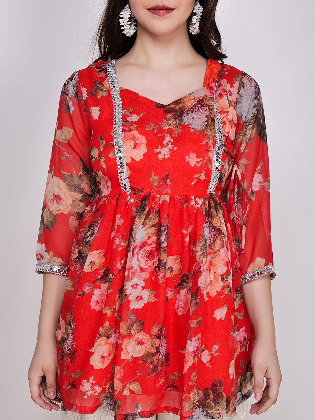 Frolic Rolic Red Floral Printed Georgette Mid-Thigh Length Kurta