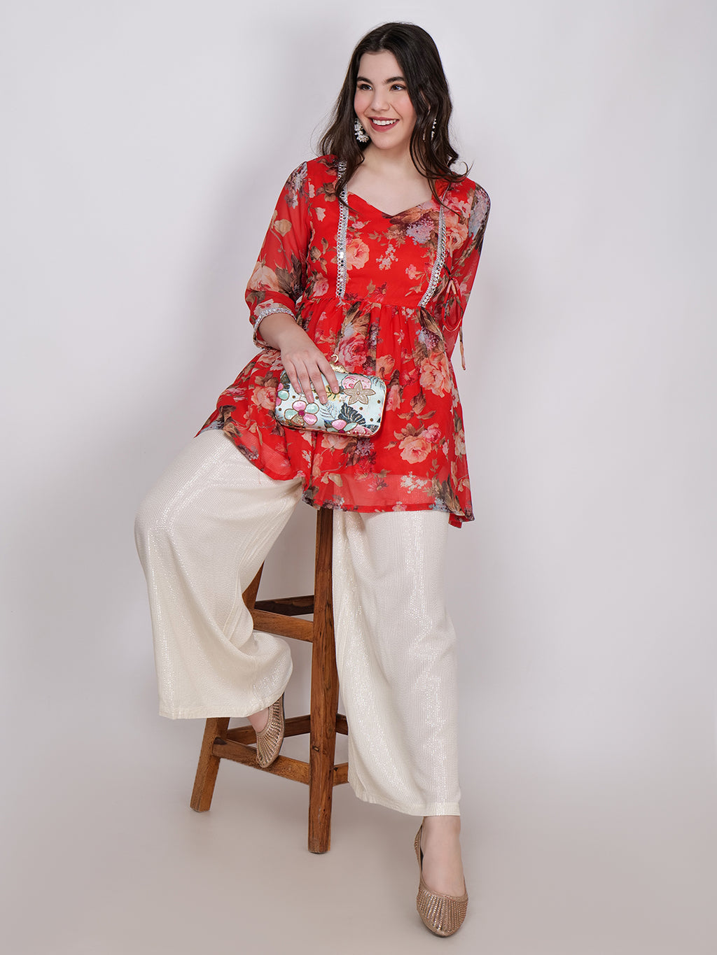 Frolic Rolic Red Floral Printed Georgette Mid-Thigh Length Kurta