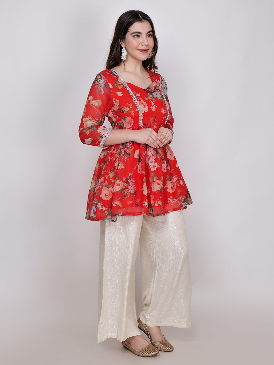 Frolic Rolic Red Floral Printed Georgette Mid-Thigh Length Kurta