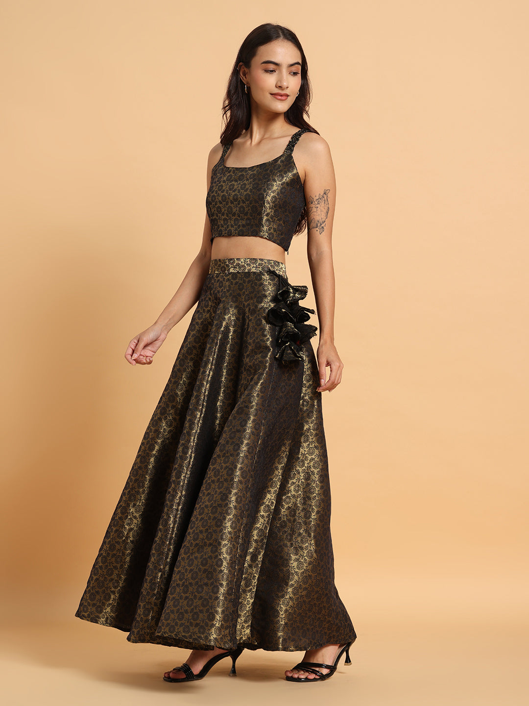 Frolic Rolic Black Brocade Silk Self Designs Lehenga Choli Set