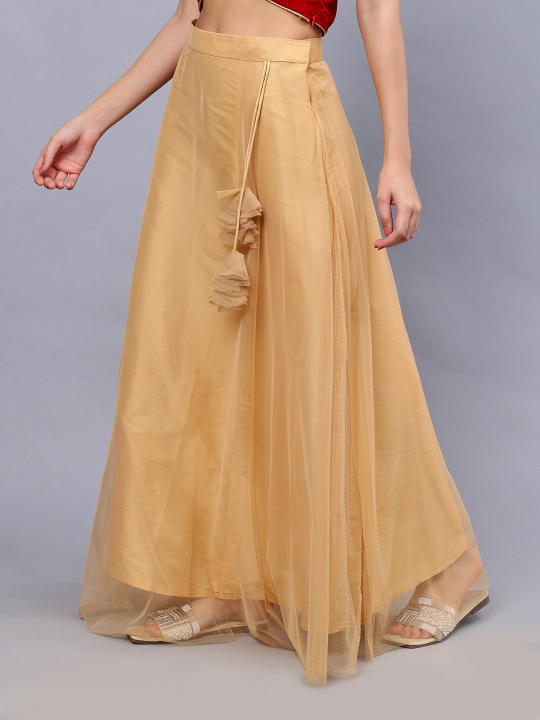 Frolic Rolic Beige Solid Net Maxi Skirt