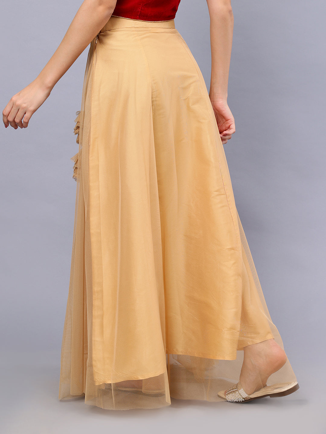 Frolic Rolic Beige Solid Net Maxi Skirt