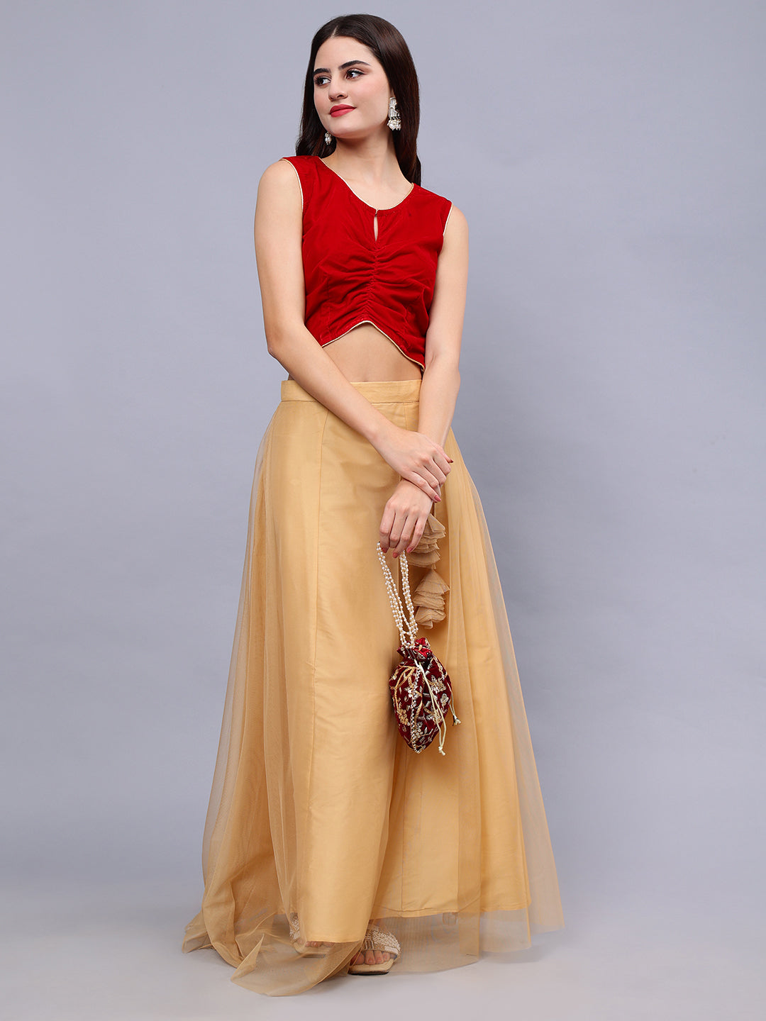 Frolic Rolic Beige Solid Net Maxi Skirt