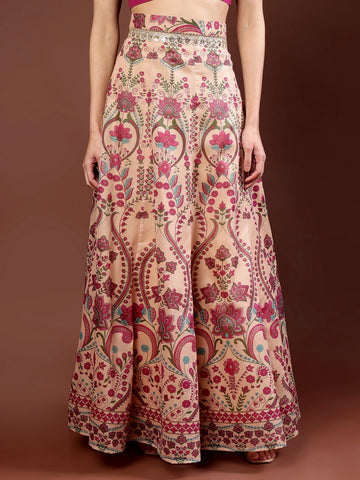 Frolic Rolic Beige Embellished Floral Print Silk Blend Ethnic Maxi Skirt