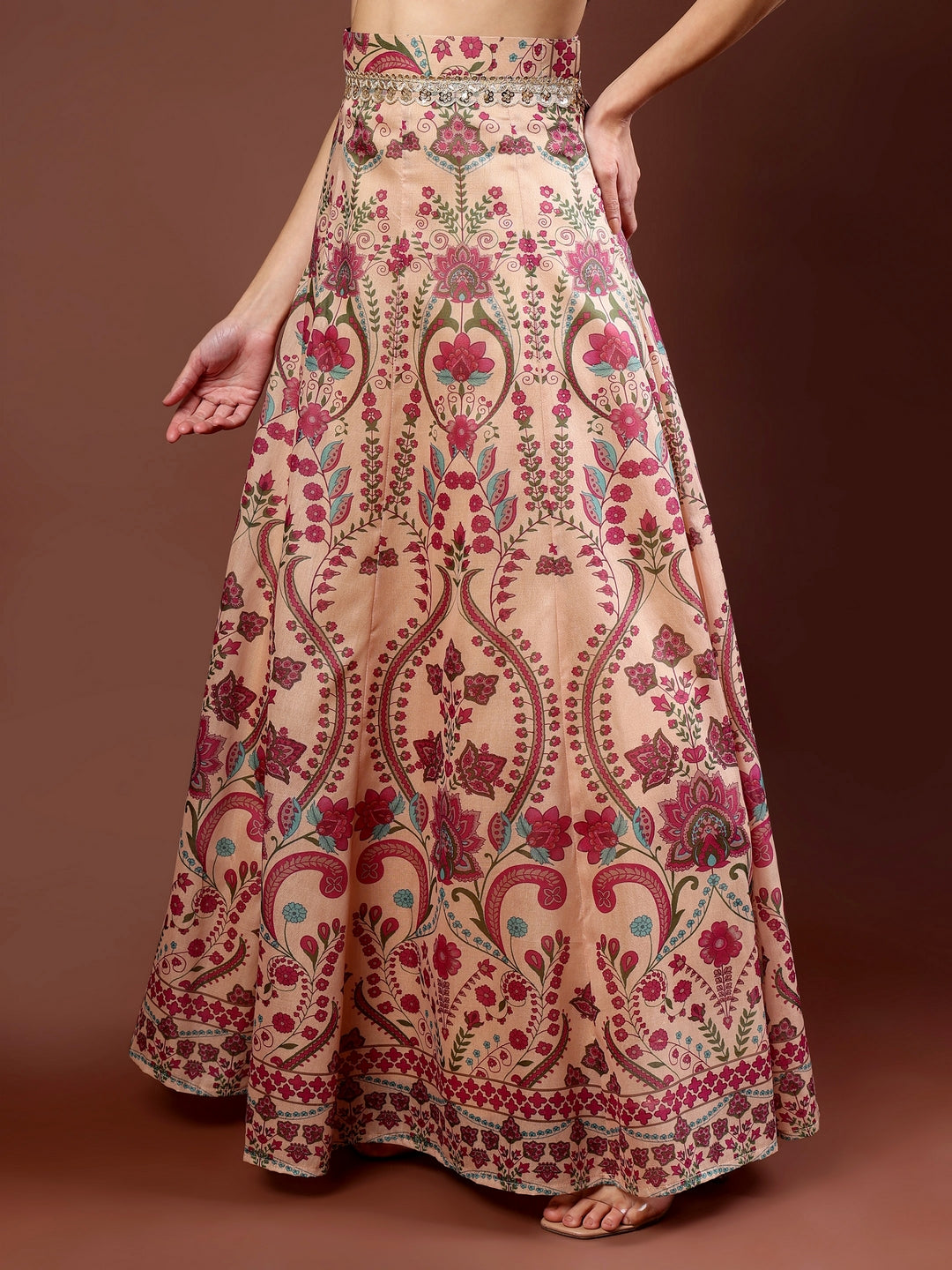 Frolic Rolic Beige Embellished Floral Print Silk Blend Ethnic Maxi Skirt