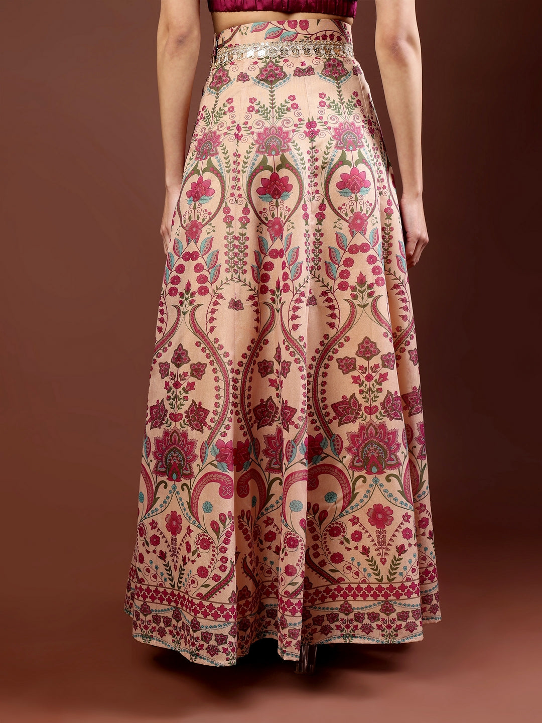 Frolic Rolic Beige Embellished Floral Print Silk Blend Ethnic Maxi Skirt